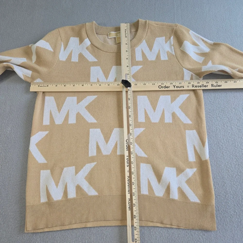 Michael Kors MK Logo Sweater Womens Medium Camel White Monogram Crewneck